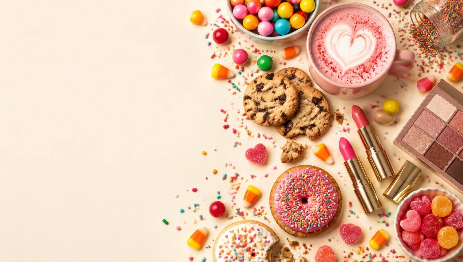 Flat lay of candy, cookies, sprinkles, a pink latte and lipsticks